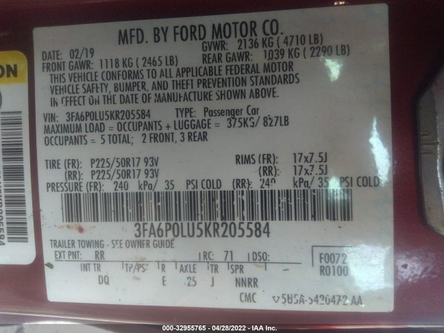 2019 Ford Fusion, VIN: 3FA6P0LU5KR205584