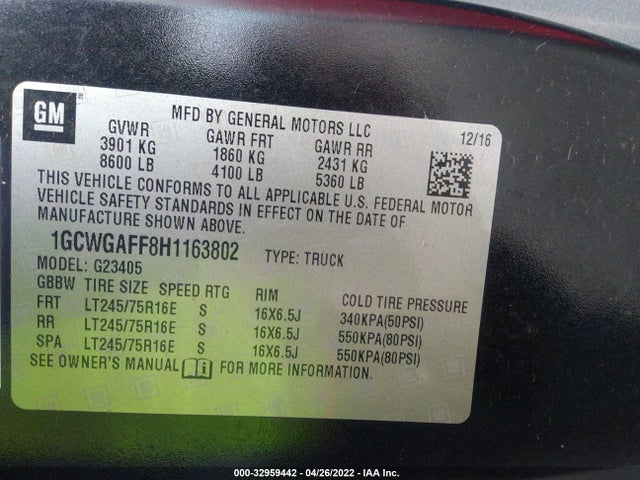 2017 Chevrolet Express, VIN: 1GCWGAFF8H1163802