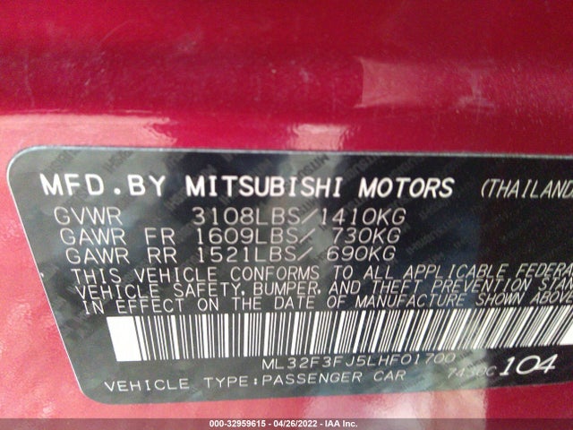 2020 Mitsubishi Mirage, VIN: ML32F3FJ5LHF01700