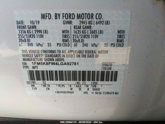 2020 Ford Explorer, VIN: 1FM5K8FW4LGA92781