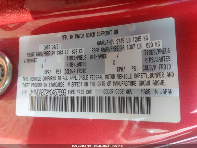 2021 Mazda MX-5 Miata, VIN: JM1NDAB72M0457599