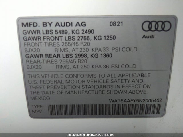 2022 Audi Q5, VIN: WA1EAAFY5N2005402