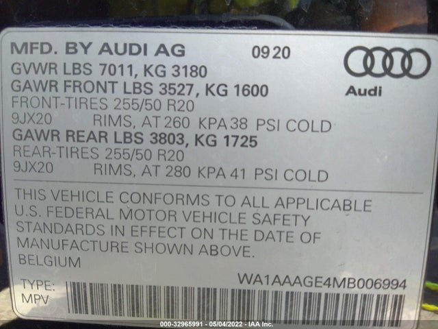 2021 Audi e-tron, VIN: WA1AAAGE4MB006994