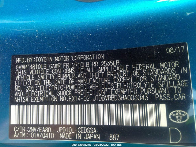 2017 Toyota Mirai, VIN: JTDBVRBD3HA003043