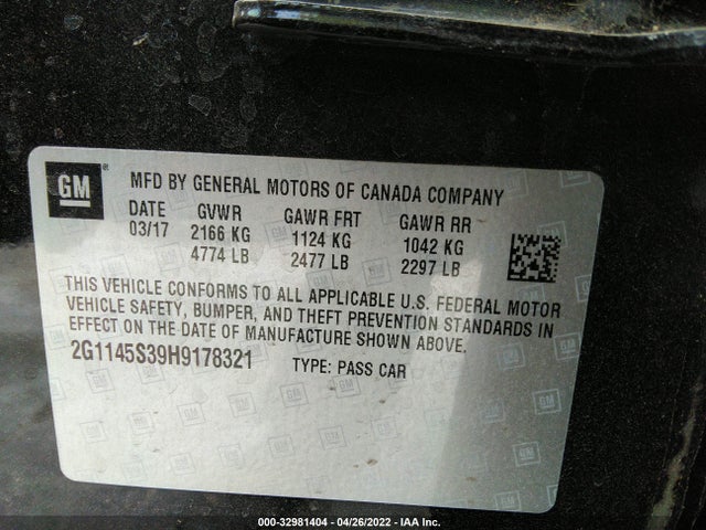 32981404 :رقم المزاد ، 2G1145S39H9178321 vin ، 2017 Chevrolet Impala 2lz مزاد بيع