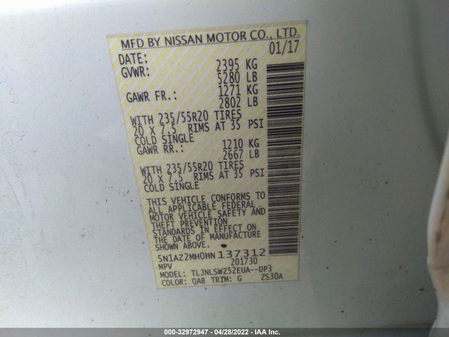 2017 Nissan Murano, VIN: 5N1AZ2MH0HN137312