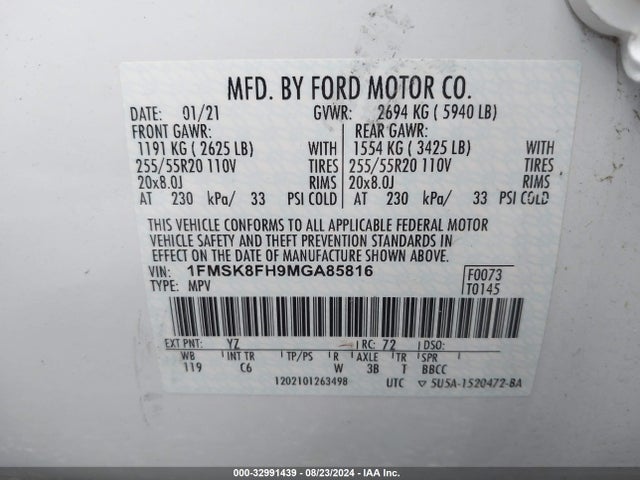 Ford Explorer Limited 2021 1FMSK8FH9MGA85816 Image 9