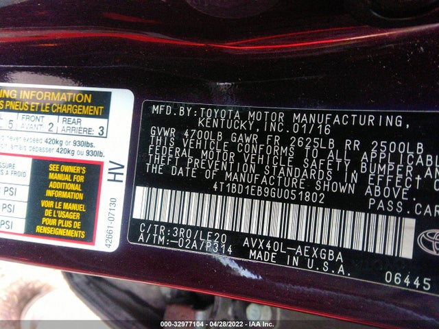 2016 Toyota Avalon, VIN: 4T1BD1EB9GU051802