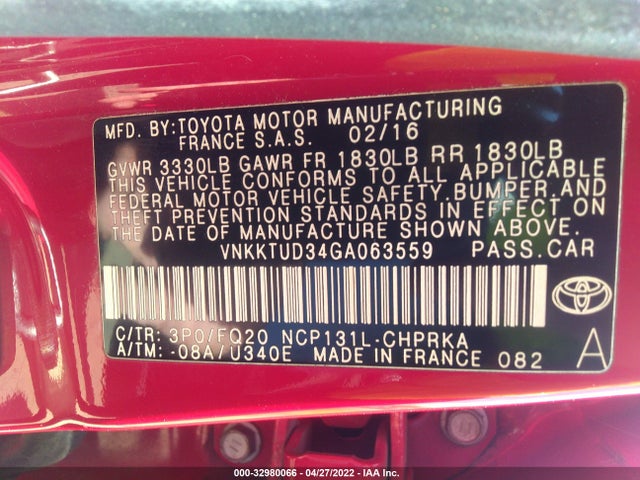 2016 Toyota Yaris, VIN: VNKKTUD34GA063559