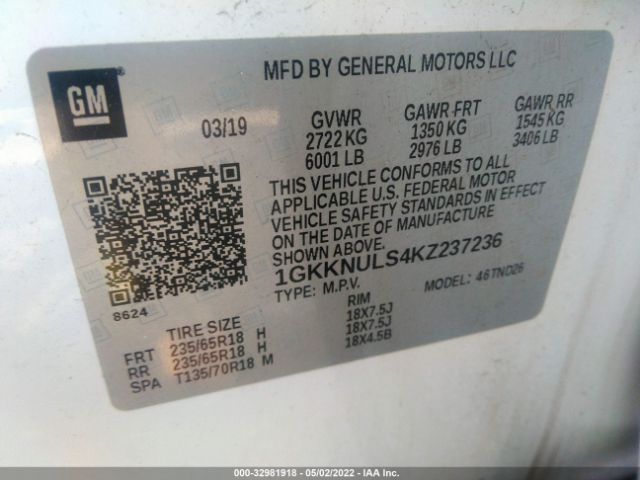 1GKKNULS4KZ237236 GMC ACADIA SLT