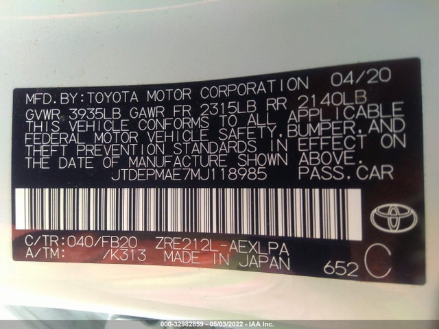 Toyota COROLLA LE 2021 JTDEPMAE7MJ118985 Image 9