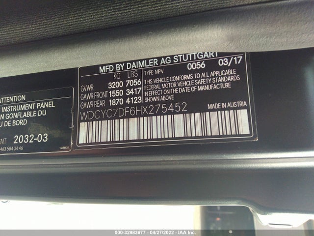2017 Mercedes-Benz G-Class, VIN: WDCYC7DF6HX275452