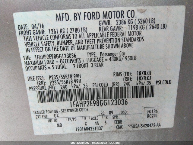 2016 Ford Taurus, VIN: 1FAHP2E98GG123036