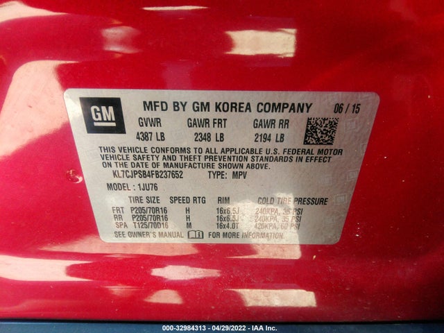 2015 Chevrolet Trax, VIN: KL7CJPSB4FB237652