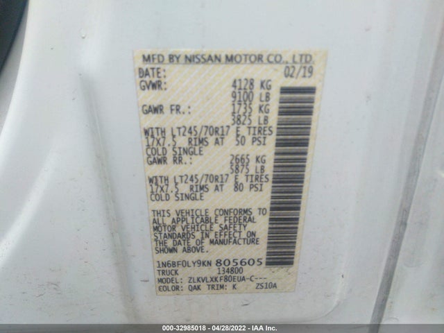 2019 Nissan NV, VIN: 1N6BF0LY9KN805605