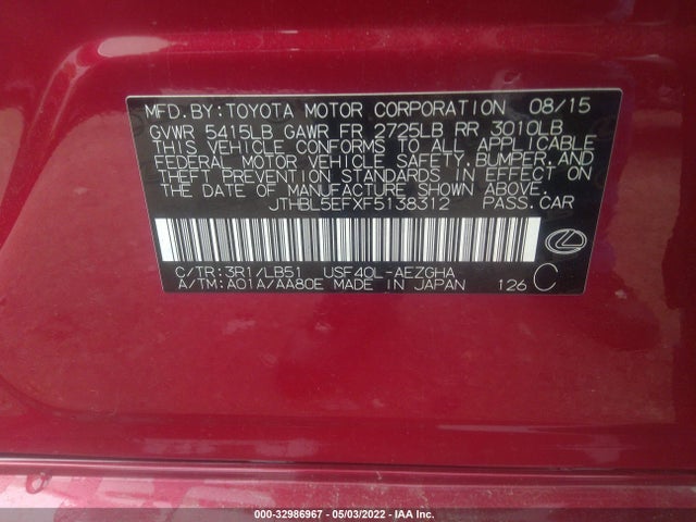 2015 Lexus LS, VIN: JTHBL5EFXF5138312