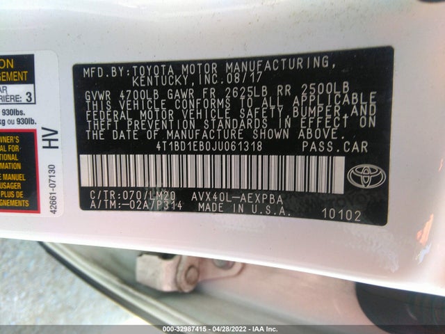 2018 Toyota Avalon, VIN: 4T1BD1EB0JU061318