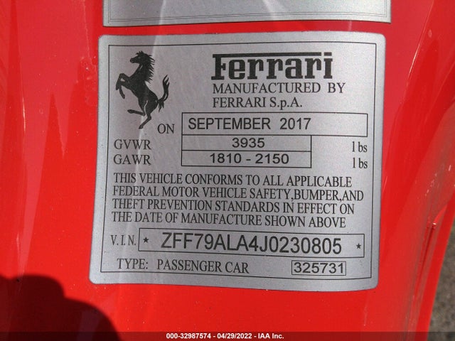 2018 Ferrari 488, VIN: ZFF79ALA4J0230805