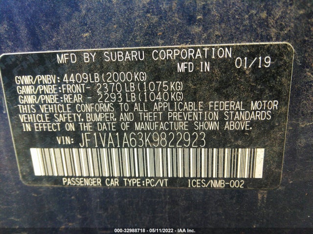 2019 Subaru WRX, VIN: JF1VA1A63K9822923