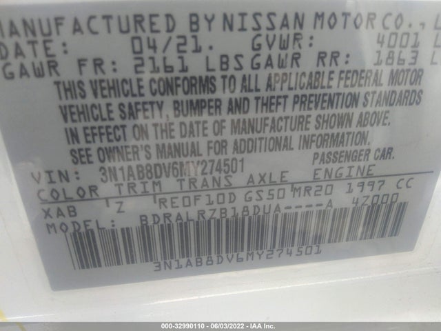 2021 Nissan Sentra, VIN: 3N1AB8DV6MY274501