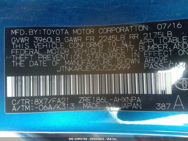 2016 Scion IM, VIN: JTNKARJE9GJ522999