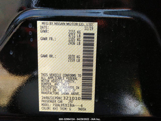 2019 Nissan Leaf, VIN: 1N4BZ1CP0KC321010
