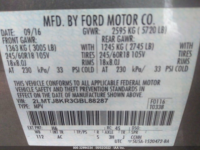 Lincoln MKX 2016 2LMTJ8KR3GBL88287 Image 10