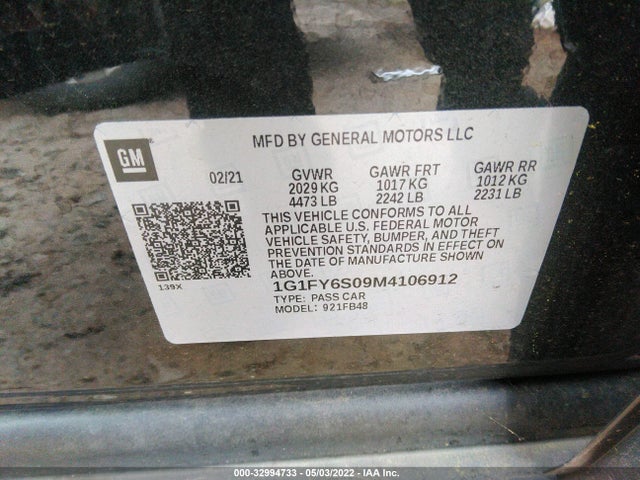 2021 Chevrolet Bolt EV, VIN: 1G1FY6S09M4106912
