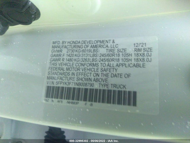 2022 Honda Ridgeline, VIN: 5FPYK3F71NB008790