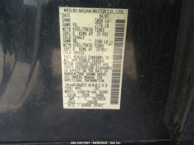 2007 NISSAN PATHFINDER SE VIN: 5N1AR18U37C648153