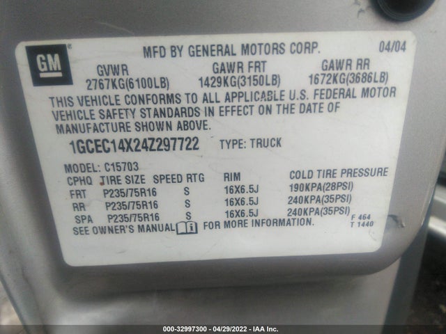 2004 CHEVROLET SILVERADO 1500 WORK TRUCK VIN: 1GCEC14X24Z297722
