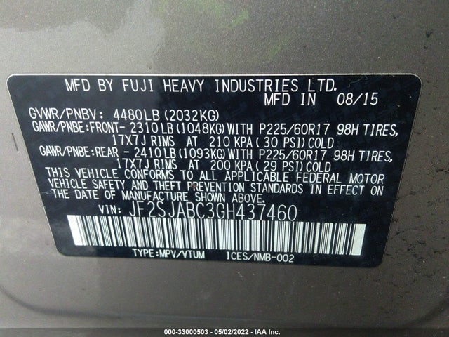 2016 Subaru Forester, VIN: JF2SJABC3GH437460