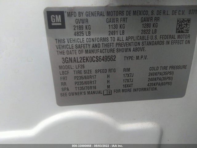 2012 CHEVROLET CAPTIVA SPORT FLEET LS W/2LS VIN: 3GNAL2EK0CS649562