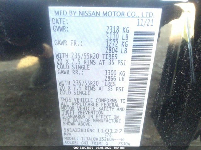 2022 Nissan Murano, VIN: 5N1AZ2BJ6NC110127
