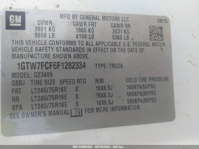 2015 GMC Savana, VIN: 1GTW7FCF6F1282334
