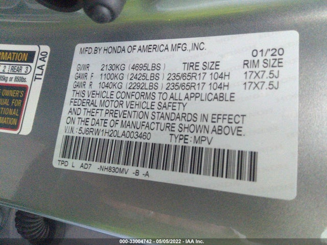 Honda CR-V LX 2020 5J6RW1H20LA003460 Image 9