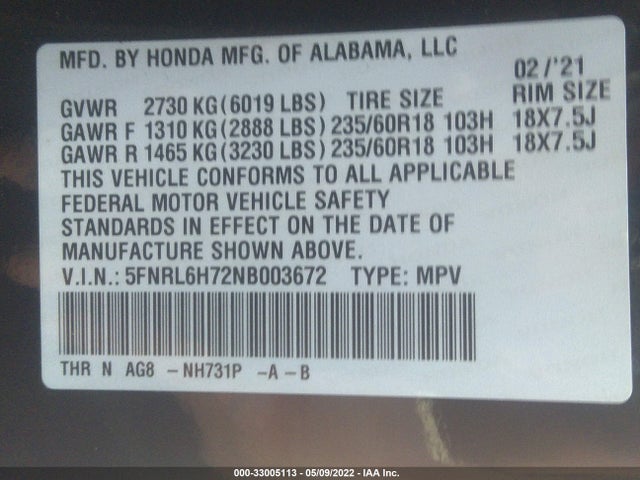 2022 Honda Odyssey, VIN: 5FNRL6H72NB003672