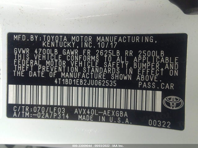 2018 Toyota Avalon, VIN: 4T1BD1EB2JU062535