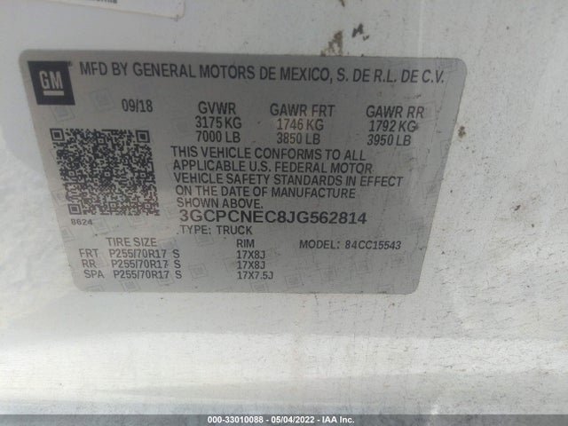 2018 CHEVROLET SILVERADO 1500 VIN: 3GCPCNEC8JG562814