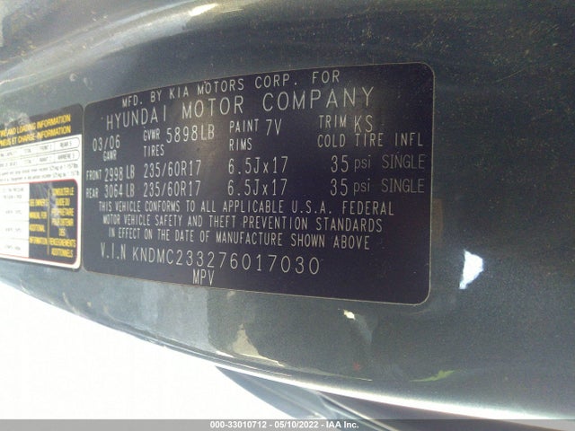 2007 HYUNDAI ENTOURAGE VIN: KNDMC233276017030