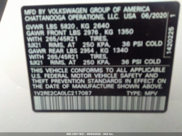 2020 Volkswagen Atlas, VIN: 1V2RE2CA0LC217087