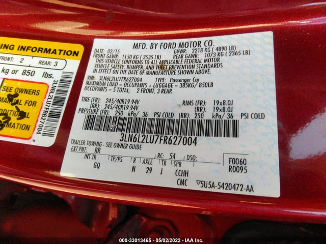 2015 Lincoln MKZ, VIN: 3LN6L2LU7FR627004