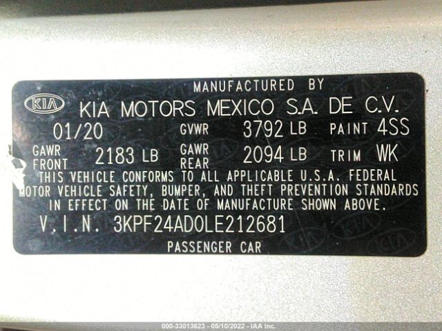 3KPF24AD0LE212681 KIA Forte Lxs