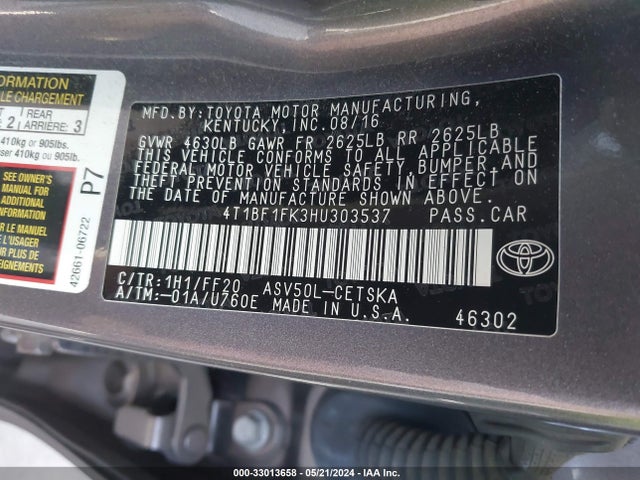 Toyota CAMRY SE 2017 4T1BF1FK3HU303537 Image 9