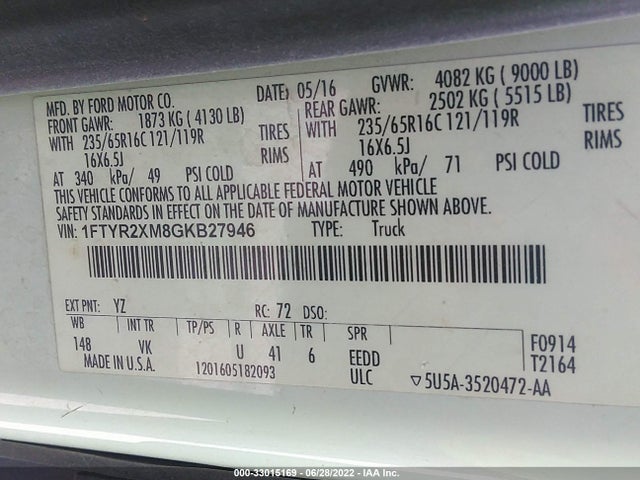 Ford TRANSIT CARGO VAN 2016 1FTYR2XM8GKB27946 Image 14