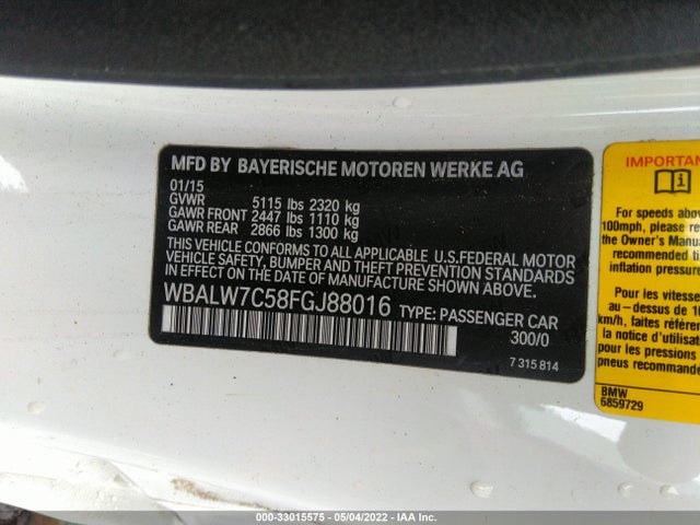 2015 BMW 6 Series, VIN: WBALW7C58FGJ88016