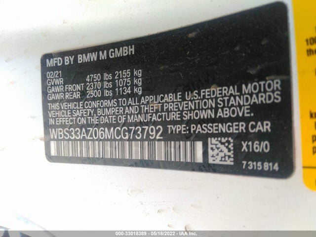 2021 BMW M4, VIN: WBS33AZ06MCG73792