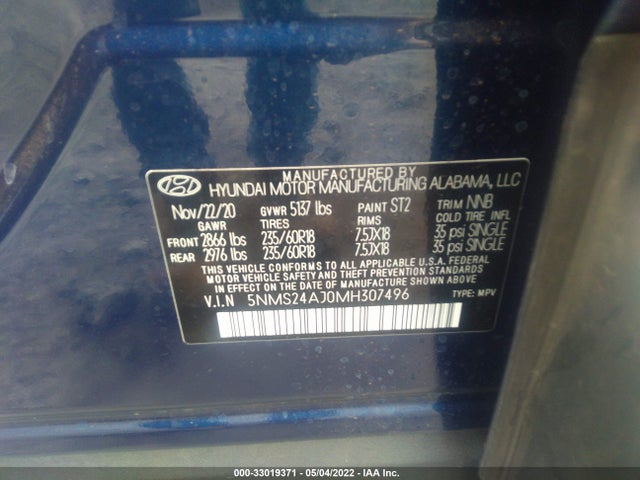 Aukcja sprzedaży 2021 Hyundai Santa Fe Sel, vin: 5NMS24AJ0MH307496, numer aukcji: 33019371