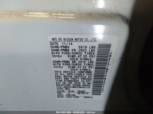 2015 Infiniti QX70, VIN: JN8CS1MW2FM482102