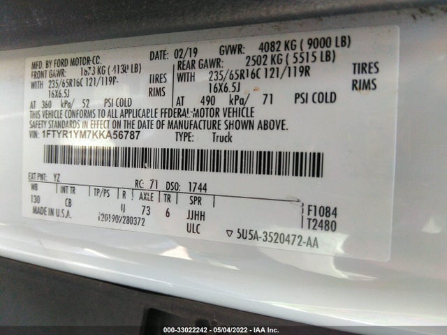 2019 Ford Transit, VIN: 1FTYR1YM7KKA56787